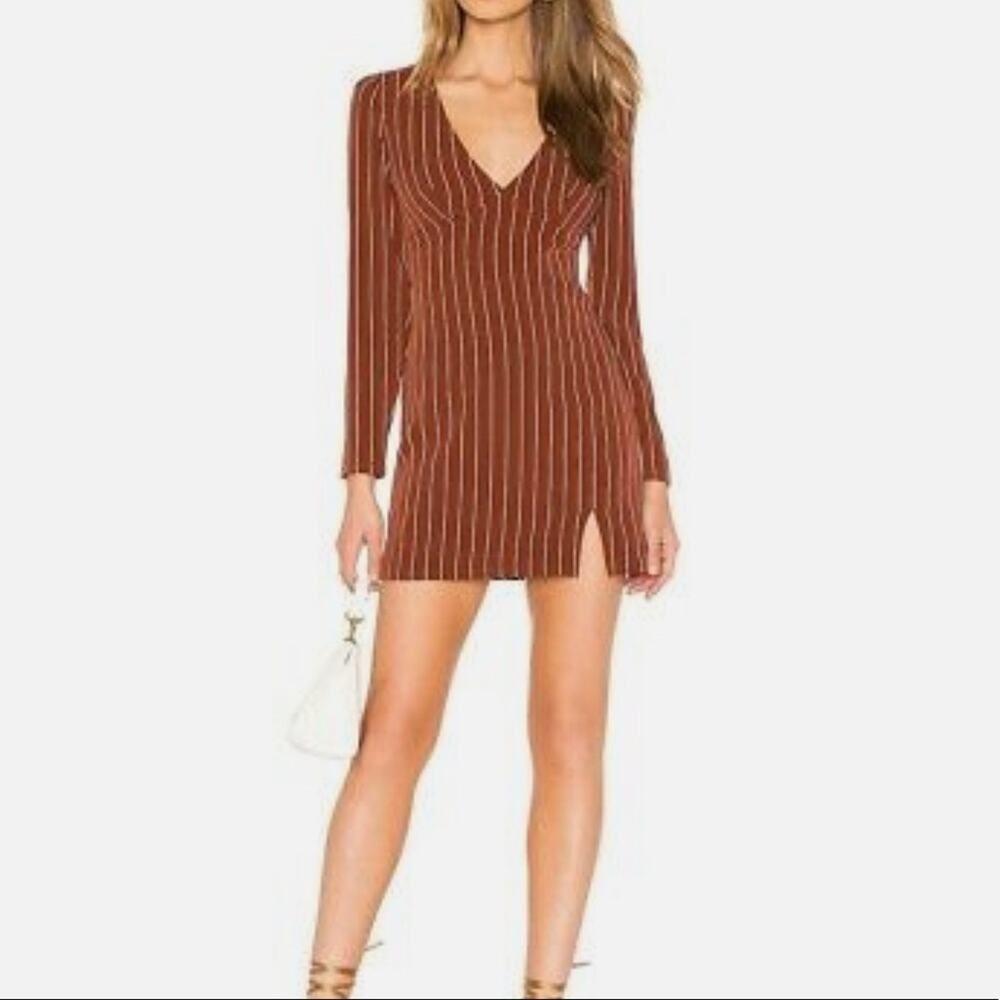 Privacy Please Long Sleeve VNeck Pinstripe Leg Slit Curtis Mini Dress Size Small